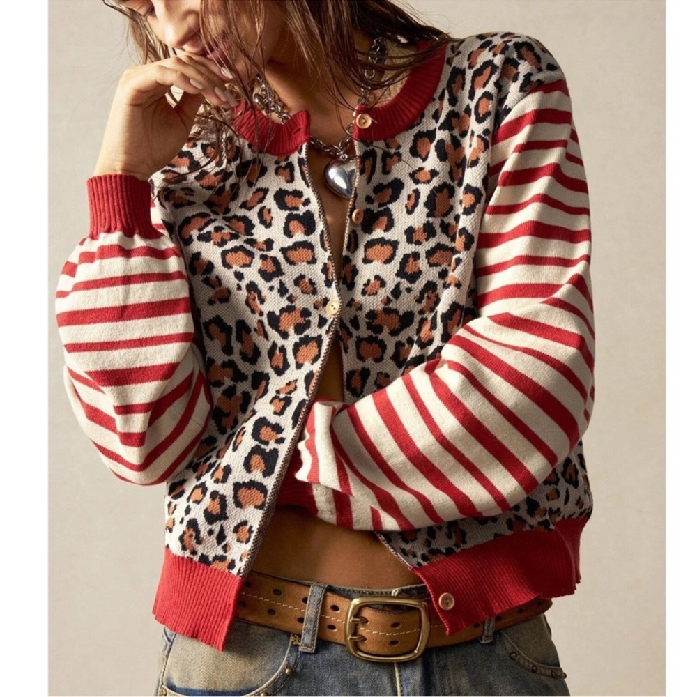 Leopard Print Button Down Striped Loose Fit Cardigan S M L